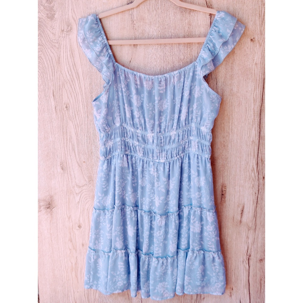 Trixxi Periwinkle Blue Floral Chiffon Ruffle Tiered Cottagecore Mini Dress XL - Picture 3 of 4